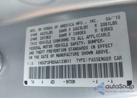 2010 Honda Accord 2.4 Ex-L from USA, damaged, VIN 1HGCP2F80AA133811
